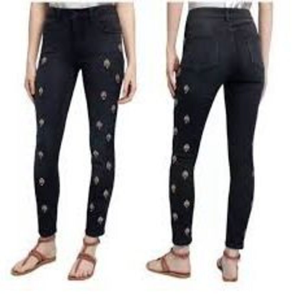 Anthropology Pilcro Script High Rise Embellished Skinny Jeans Black Boho Beaded - Picture 2 of 16